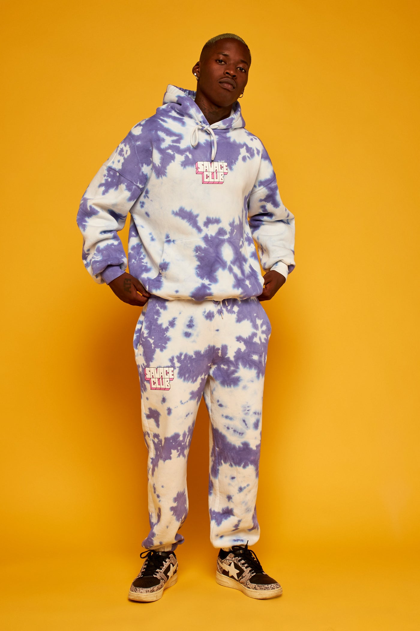 savage club tie dye purple offwhite hoodie 3d screen print logo