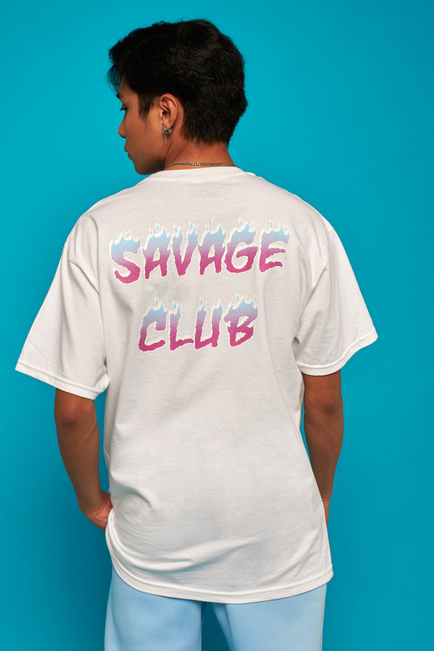 savage club white t-shirt flame gradient logo -premium cotton