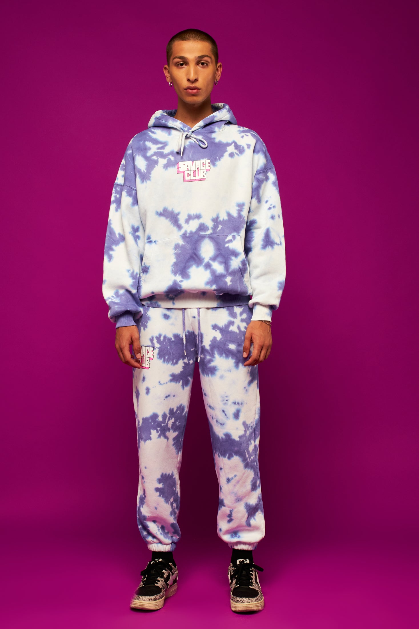 savage club tie dye purple offwhite hoodie 3d screen print logo