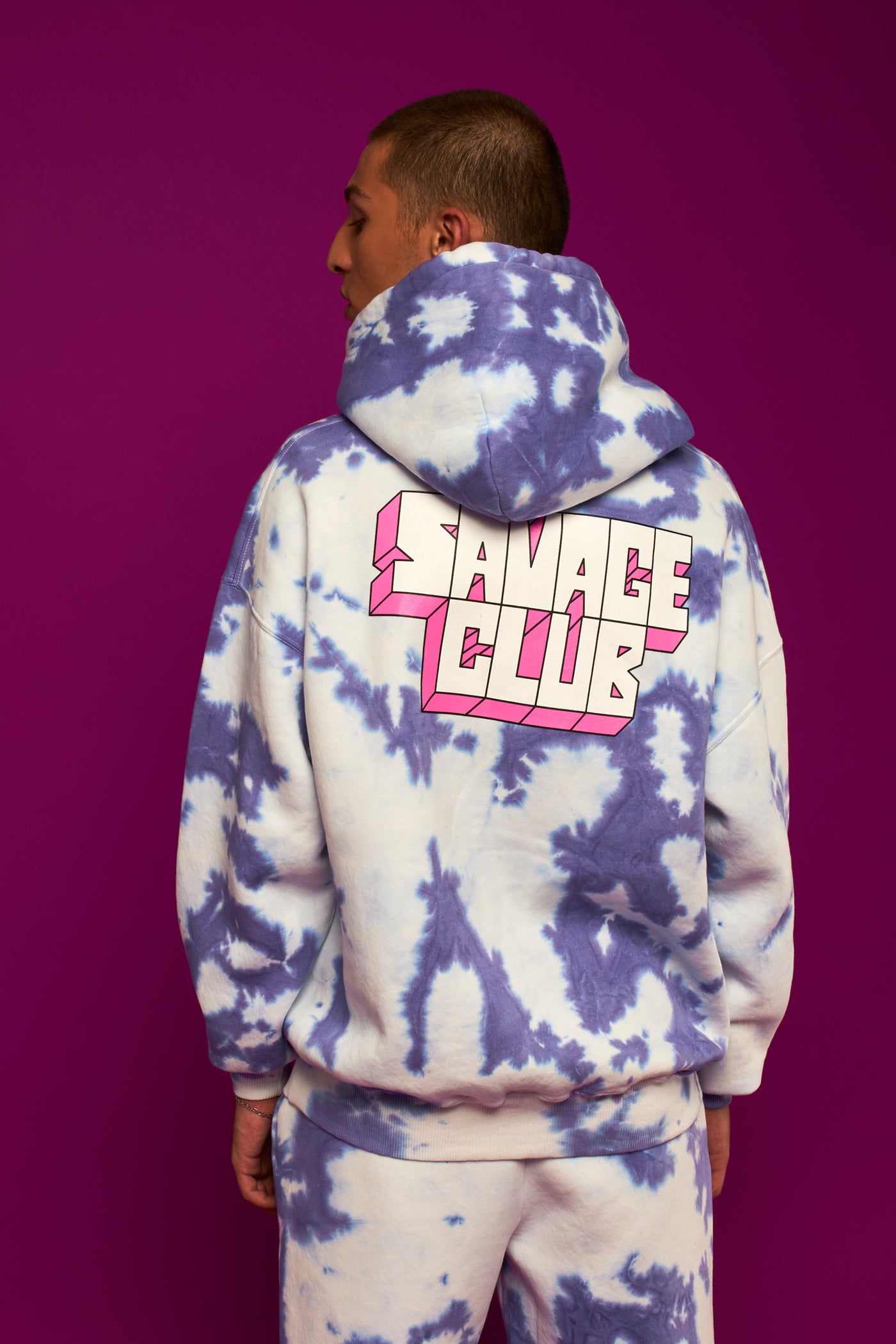 savage club tie dye purple offwhite hoodie 3d screen print logo