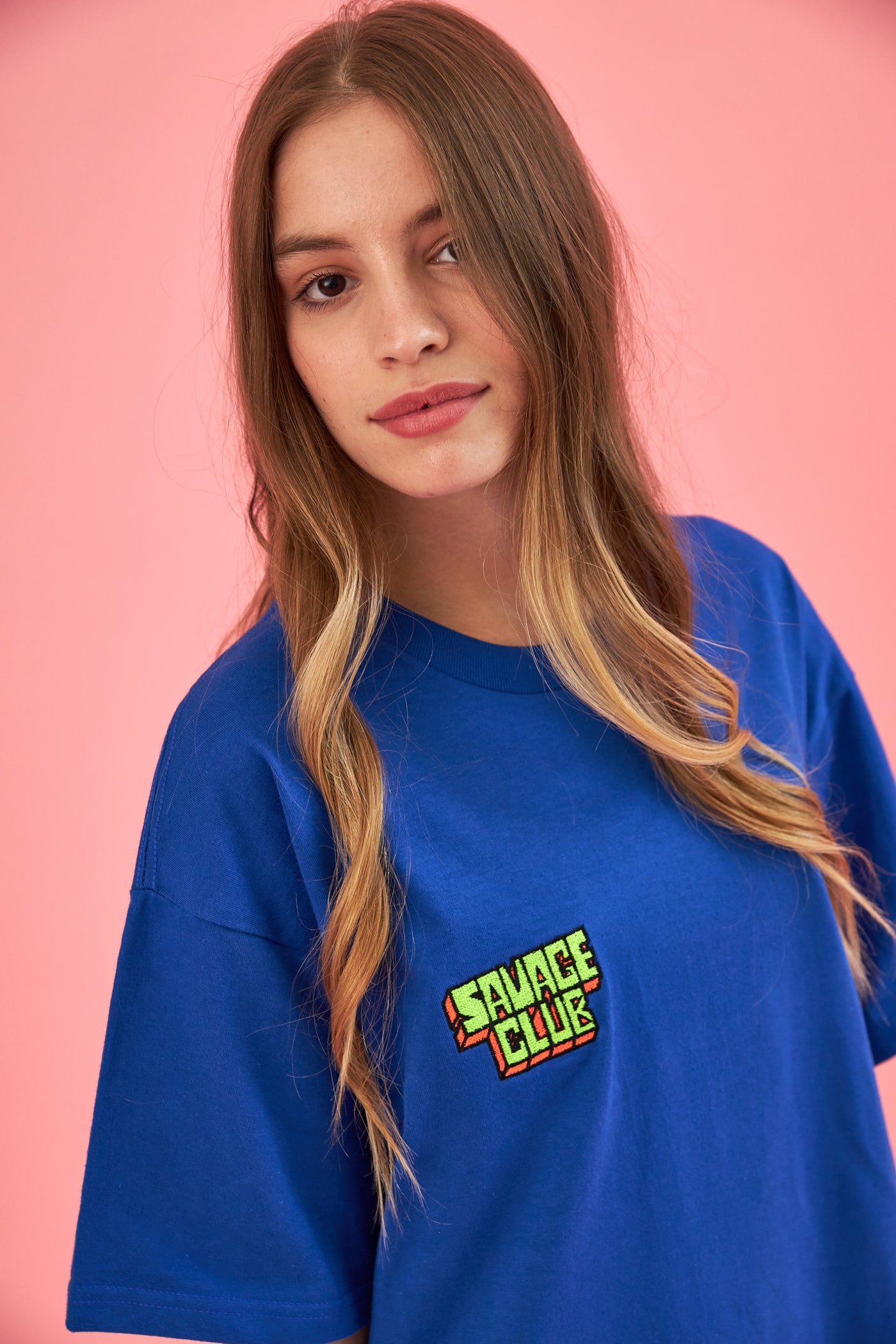savage club electric blue t-shirt embroidery 3d logo